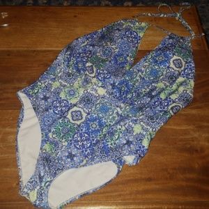 Avalon Tile Print Deep Plunge Halter Swimsuit